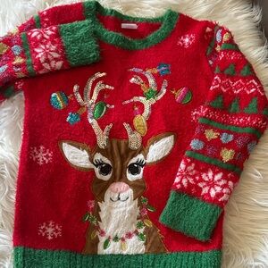 Festive Red & Green Reindeer Holiday Sweater